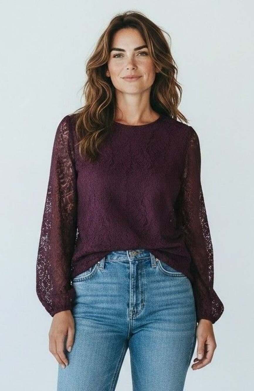 Calvin Klein Women's Burgundy Lace Long Sleeve Blouse Top Size XL